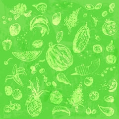 Hand drawn doodle food, fruits and berries. Light green objects, bright green watercolor seamless background.