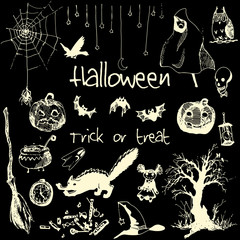 Hand drawn doodle halloween party elements. White objects, black background. Design illustration for poster, flyer.