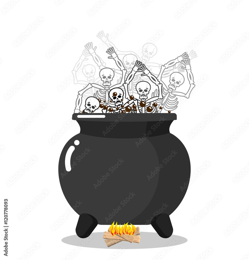 Poster sinners in cauldron in hell. skeletons are cooked in resin in un