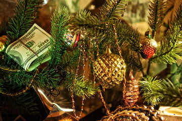 Stack of dollars under the Christmas fir - 120778080