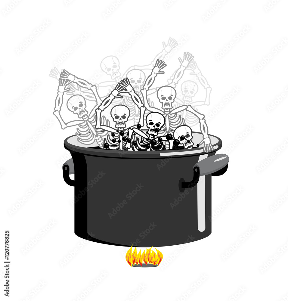Poster sinners in cauldron in hell. skeletons are cooked in resin in un