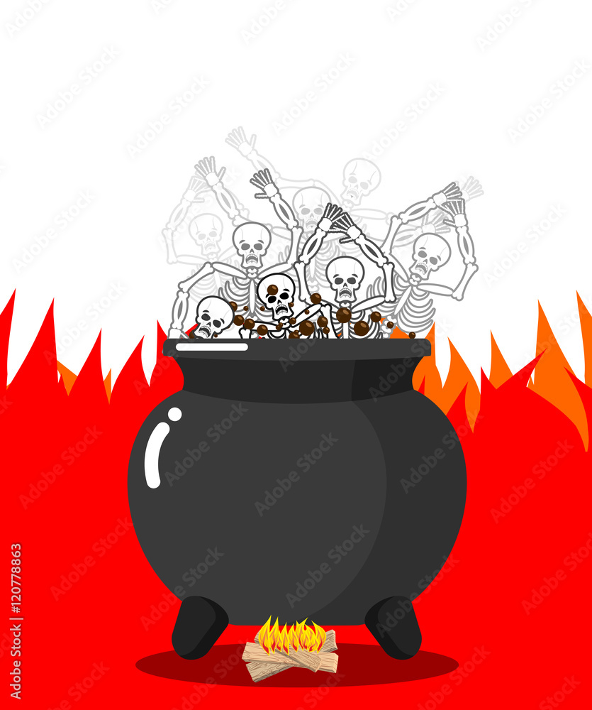 Poster sinners in cauldron in hell. skeletons are cooked in resin in un