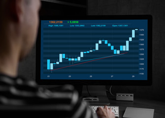 trader working on a computer. stock market chart