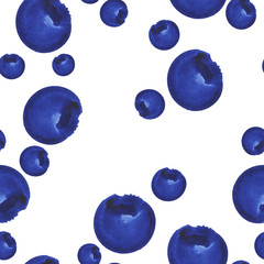 Seamless polka dot pattern with blue shapes on white background. Hand drawn watercolor illustration.