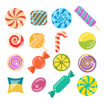 lollipop candies set. flat style vector illustration of 12 sweets on white background. for game, postcard, invitation and web design