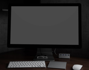 computer monitor with blank screen at night