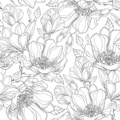Vector seamless pattern with outline magnolia flower, ornate buds and leaves on the white background. Elegance floral background in contour style for summer design and coloring book.