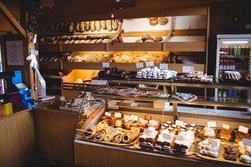 Various sweet foods in bakery shop