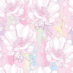 Vector seamless pattern with white magnolia flower and ornate leaves on the textured background in pastel color. Elegance floral background in contour style for summer design.