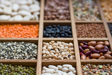 Collection assorted of lentils, beans, peas, grain, groats, soybeans