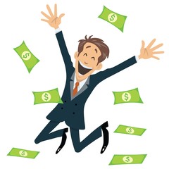 Successful Businessman Smiling And Jumping With Money Fly Away Vector