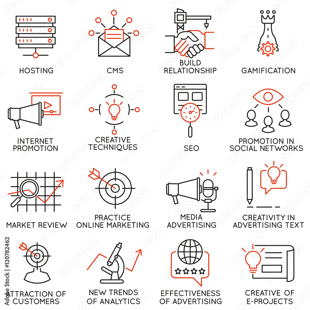 Poster vector set of 16 icons related to business management, strategy, career progress and business proces