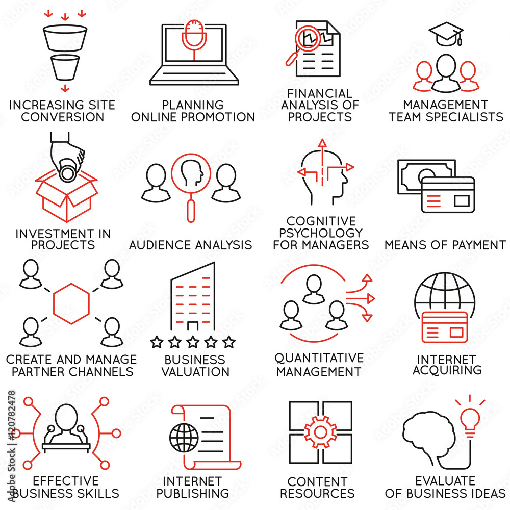 Poster vector set of 16 icons related to business management, strategy, career progress and business proces