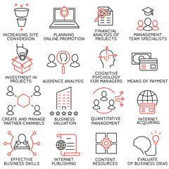 Vector set of 16 icons related to business management, strategy, career progress and business process. Mono line pictograms and infographics design elements - part 33