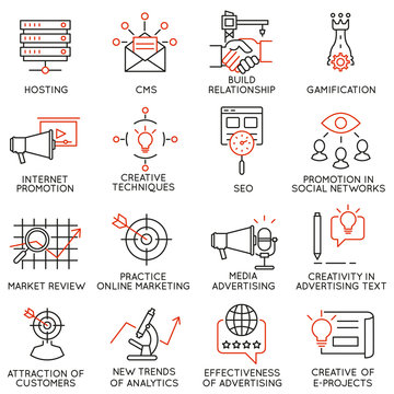 Vector set of 16 icons related to business management, strategy, career progress and business process. Mono line pictograms and infographics design elements - part 32