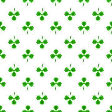 Green Clover Seamless Pattern on White. Shamrock Background