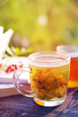 Herbal tea in a transparent glass mug and forest herbs on a wooden surface of a table.