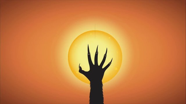 Happy Halloween, A man impersonate werewolf and a hand's werewolf touch and scratch  the moon