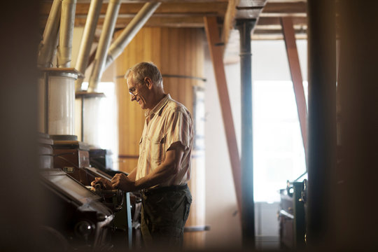 Male miller operating machine at wheat mill