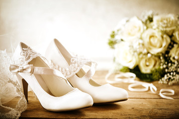 White Bridal Shoes with Bouquet and Lace Veil