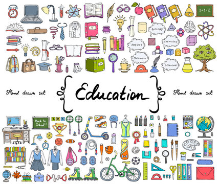 Vector set with hand drawn isolated colored doodles on the  theme of education
