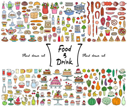 Vector set with hand drawn isolated colored doodles on the  theme of food and drink