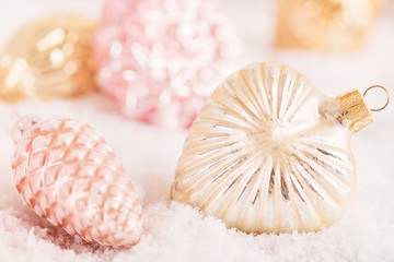 Closeup vintage Christmas decorations on snow