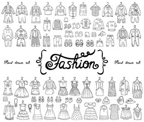 Vector set with hand drawn isolated doodles on the theme of fashion for boys and girls