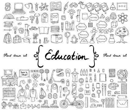 Vector set with hand drawn isolated doodles on the  theme of education
