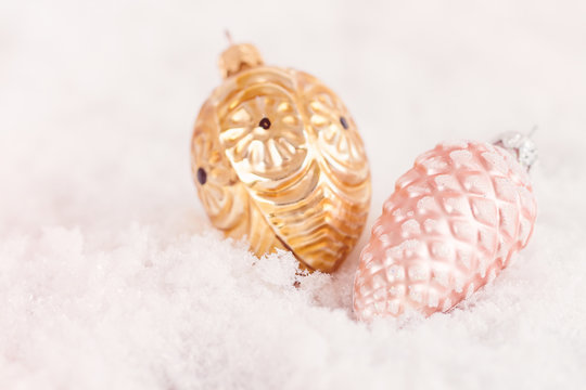 antique style golld and pink glass Christmas decorations