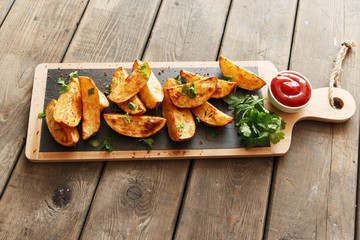 baked roasted potato wedges with herbs and red sauce