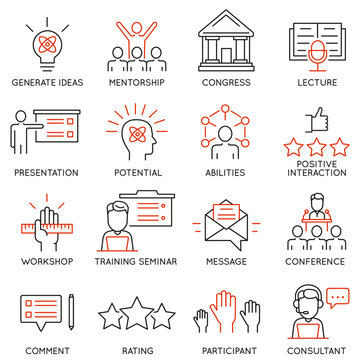 Vector set icons related to career progress, corporate management, business people training and professional consulting service. Mono line pictograms and infographics design elements