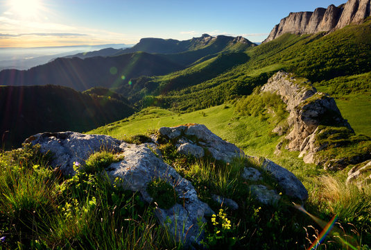 Rock formations and Acheshboki (Devil's Gates) mountains,  Bolshoy Thach (Big Thach) Nature Park, Caucasian Mountains, Republic of Adygea, Russia