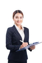 Portrait of young happy smiling asian business woman with blue f