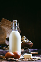 Organic farm products, ingredients for omelets or baking. Vintag