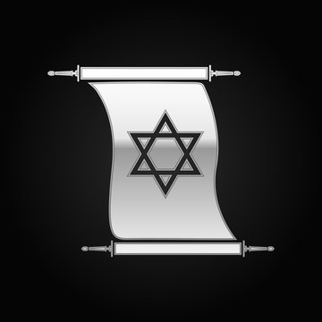 Silver Star of David on scroll icon to black background. Vector Illustration
