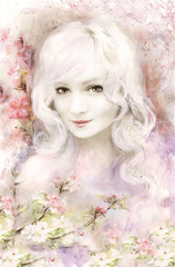 beautiful woman, watercolor painting, with pastel pink and tender flower, sakura