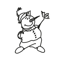 Christmas characters. A picture of a snowman playing with a bird. Monochrome pen and ink. Vector sketch Doodle style.