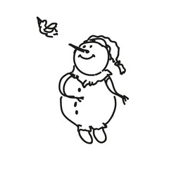 Christmas characters. A picture of a snowman playing with a bird. Monochrome pen and ink. Vector sketch Doodle style.