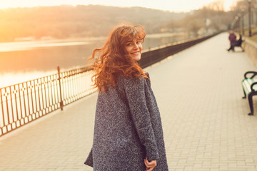 Happy overweight woman walking