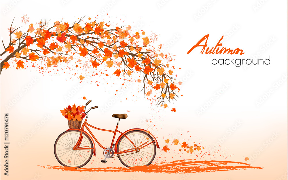 Aufkleber Autumn background with a tree and a bicycle. Vector.