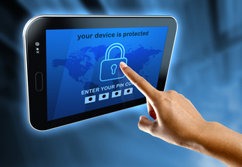 A woman's use a pin code on a digital tablet