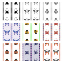 Set of seamless vector patterns, symmetrical geometric backgrounds with butterfly, spider and ladybug. Decorative repeating ornament. Graphic illustration. Series - sets of seamless vector patterns.