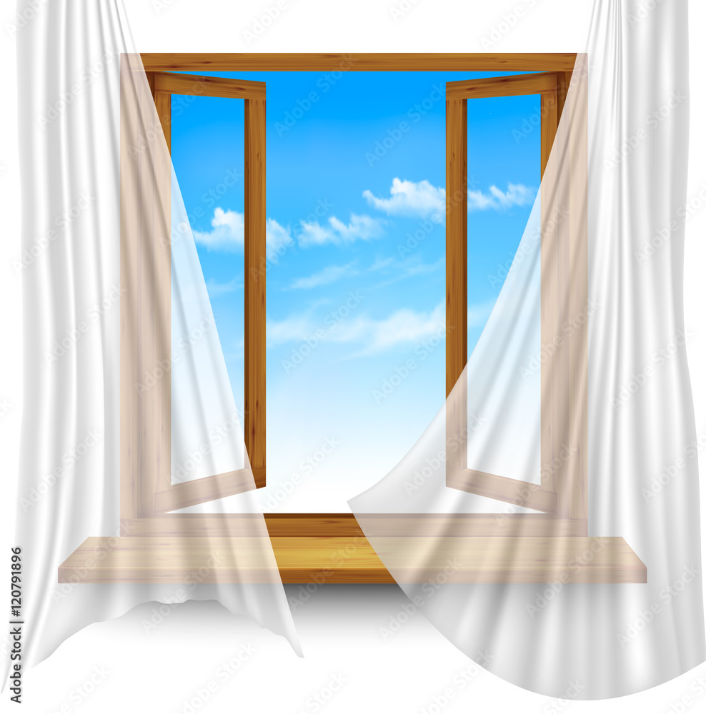 Poster Wooden window frame with curtains on a transparent background. Vector