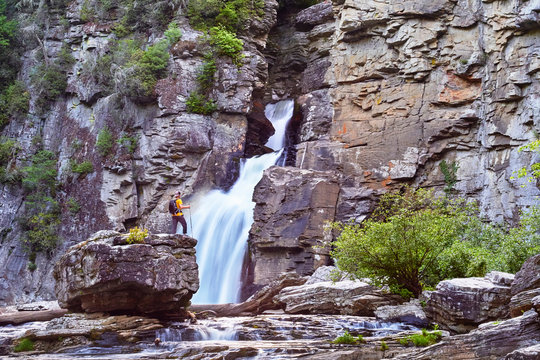 Male hiker at Linville Falls, Blue Ridge Parkway, North Carolina, USA