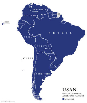 USAN, Union of South American Nations map, an intergovernmental regional organization comprising twelve South American countries. Continental union, also called UNASUR, UNASUL or UZAN. Info graphics.