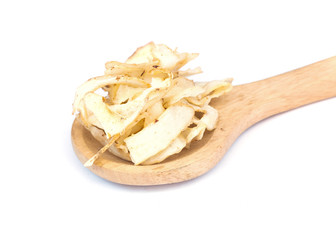 Polygonatum (Solomon's Seal Rhizome) on wooden spoon over white backgound