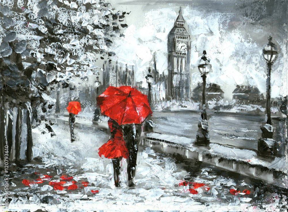 Wall mural oil painting, street view of london. artwork, black, white and red, big ben