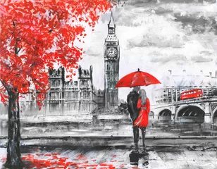 .Ölgemälde auf Leinwand, Straßenansicht von London, Fluss und Bus auf Brücke. Kunstwerk. Big Ben. Mann und Frau unter einem roten Regenschirm © lisima