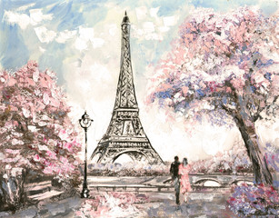 Oil Painting, Street View of Paris. Tender landscape, spring